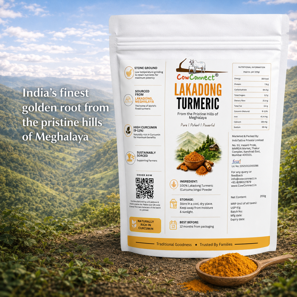 CowConnect Lakadong Turmeric Powder (High Curcumin 9-12%) 200g